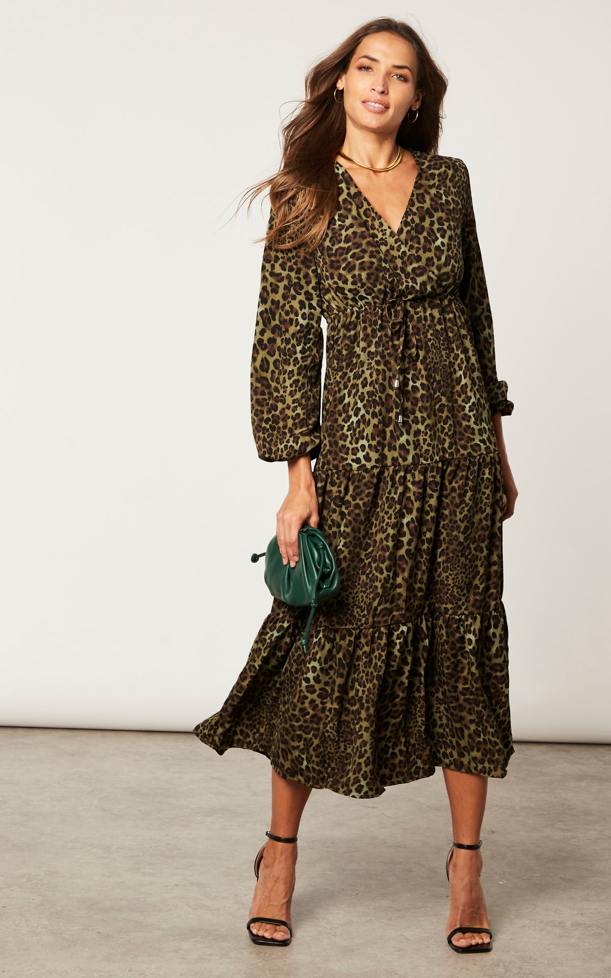 Khaki Animal Print Wrap Front Midaxi Dress
