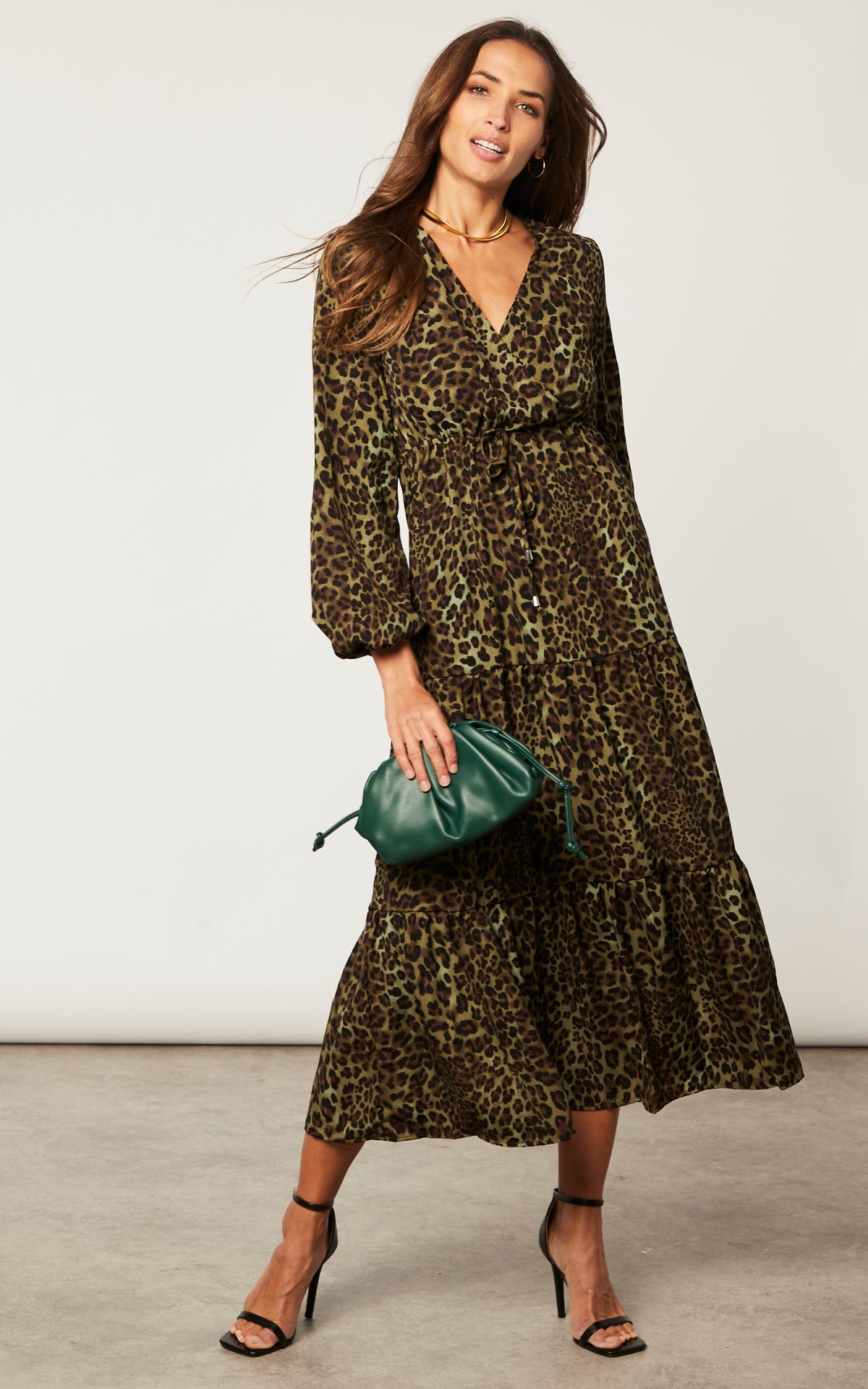 Khaki Animal Print Wrap Front Midaxi Dress