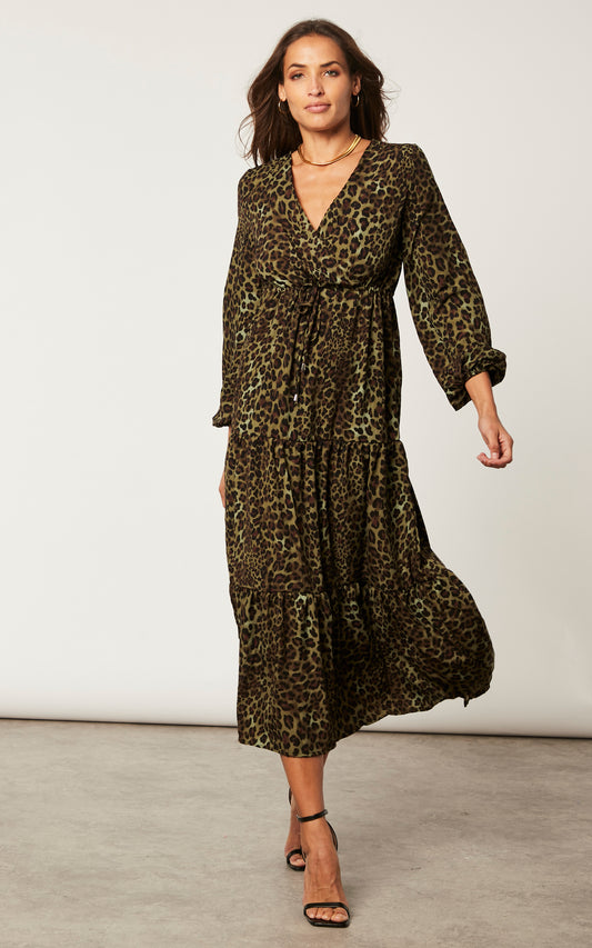 Khaki Animal Print Wrap Front Midaxi Dress