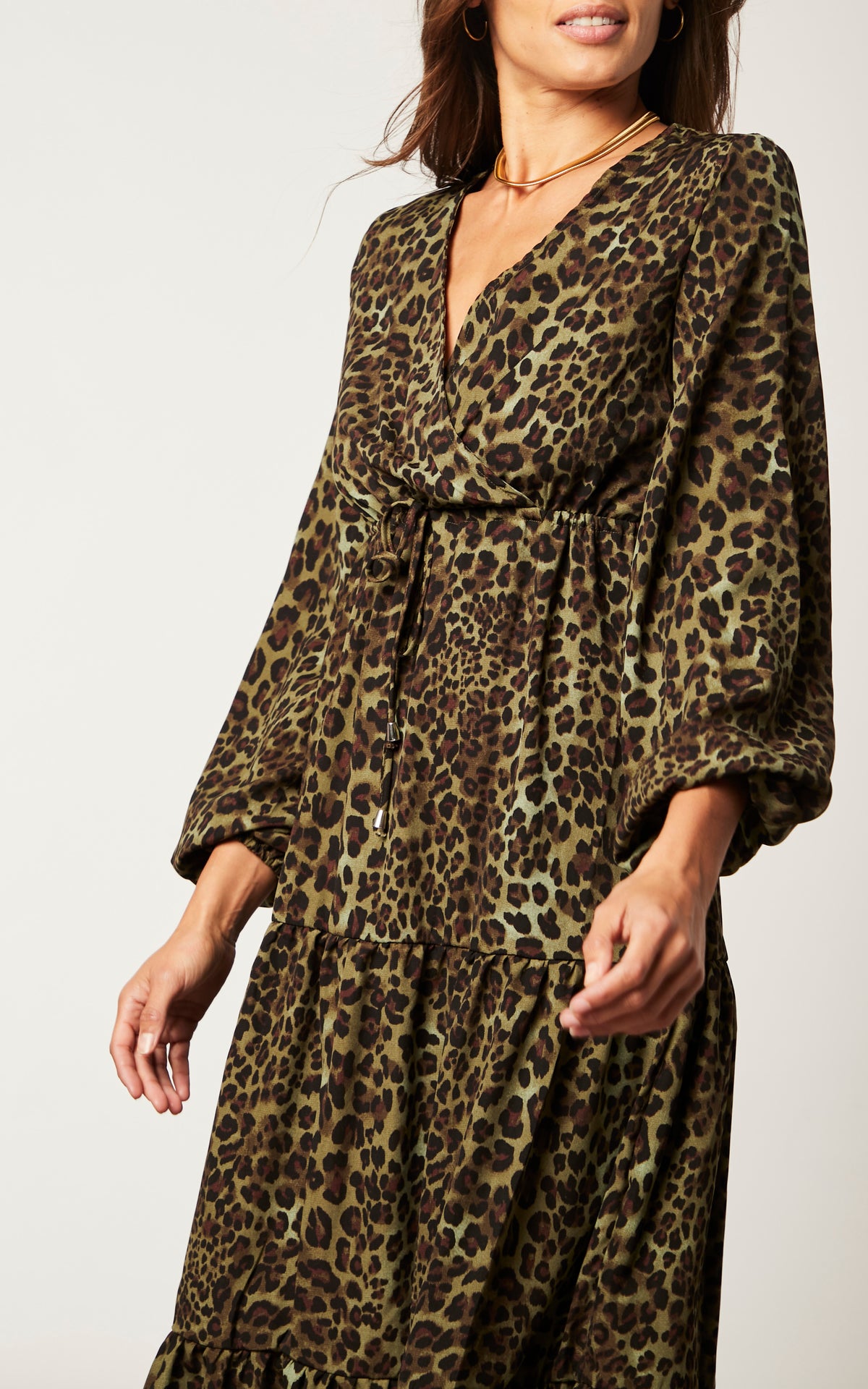 Khaki Animal Print Wrap Front Midaxi Dress