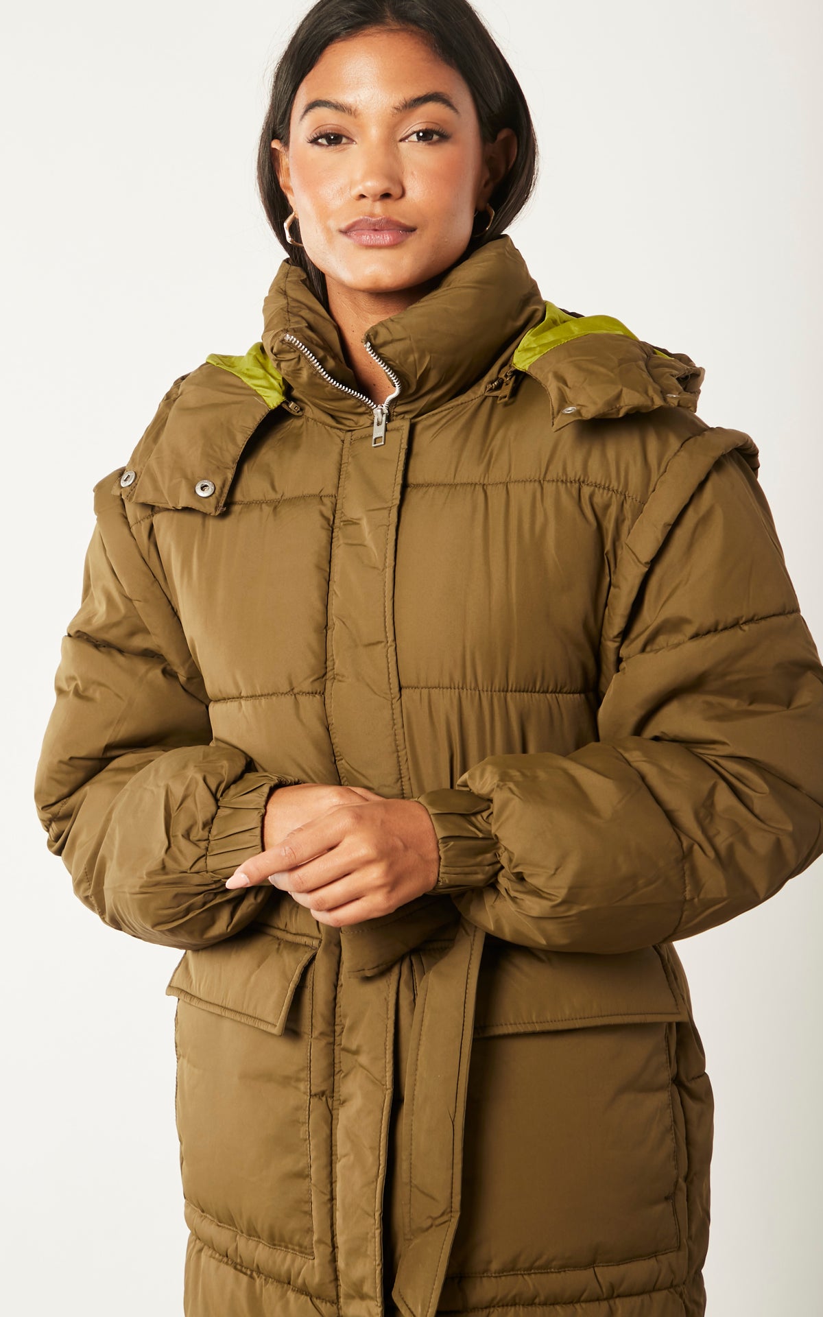 Longline Puffer Coat in Khaki