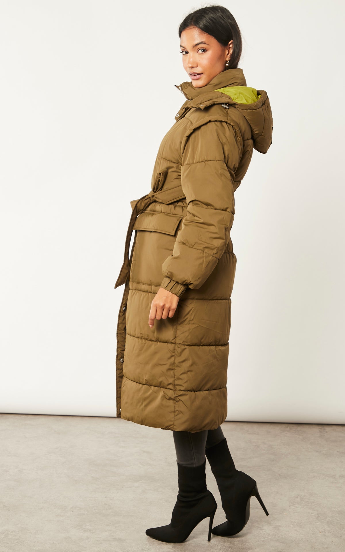 Longline Puffer Coat in Khaki