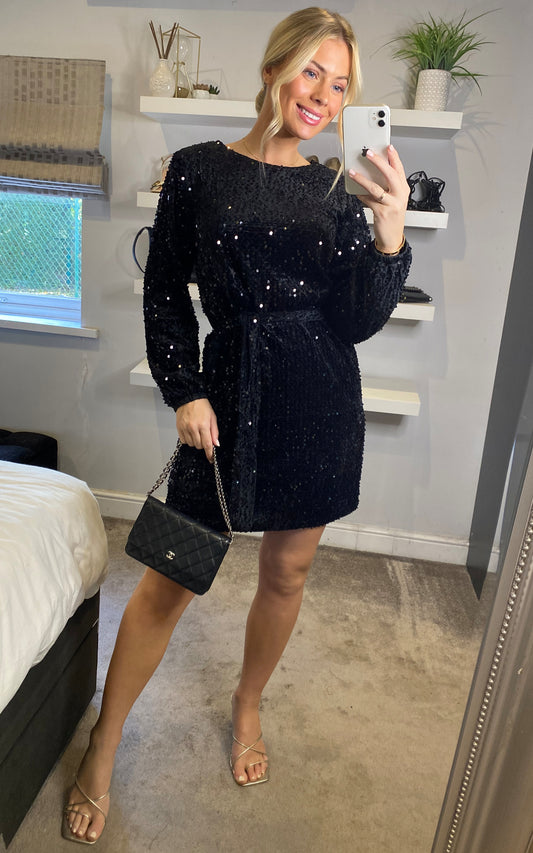 Black Sequin Smock Dress