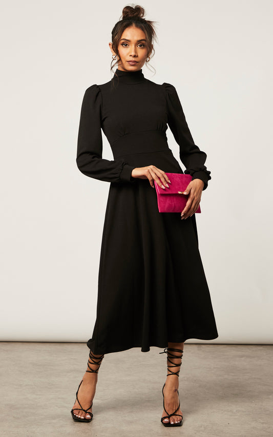 BLACK TURTLE NECK LONG SLEEVE SKATER MIDI DRESS WITH KEYHOLE
