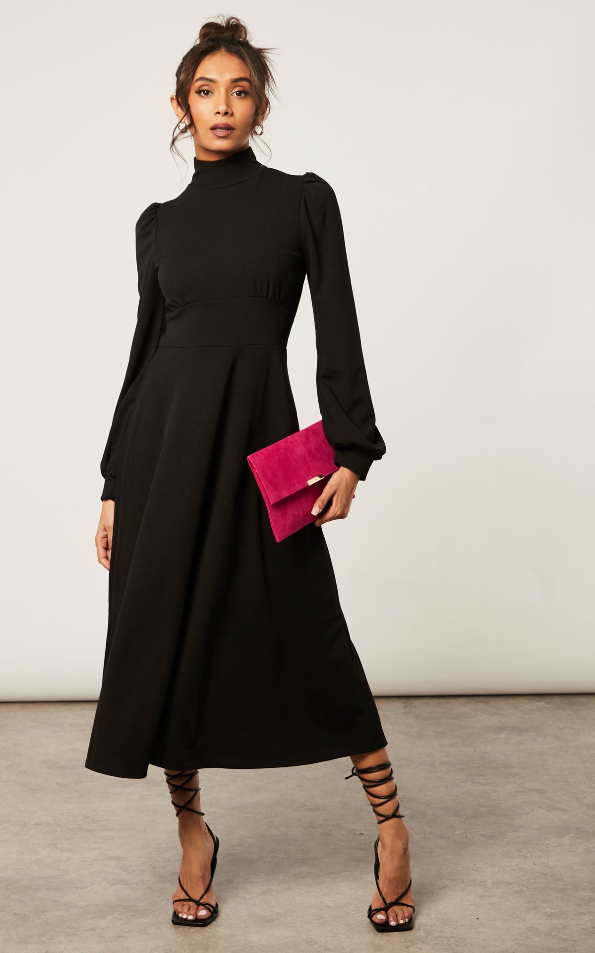 BLACK TURTLE NECK LONG SLEEVE SKATER MIDI DRESS WITH KEYHOLE
