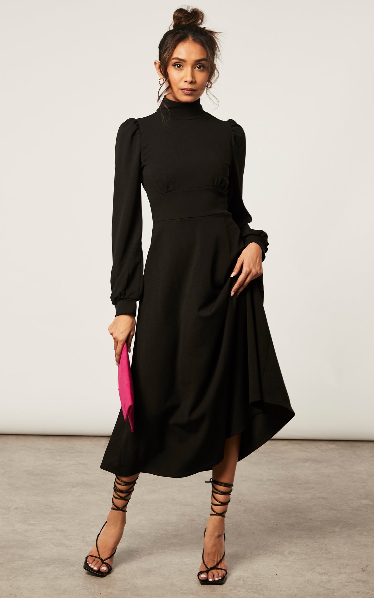 BLACK TURTLE NECK LONG SLEEVE SKATER MIDI DRESS WITH KEYHOLE