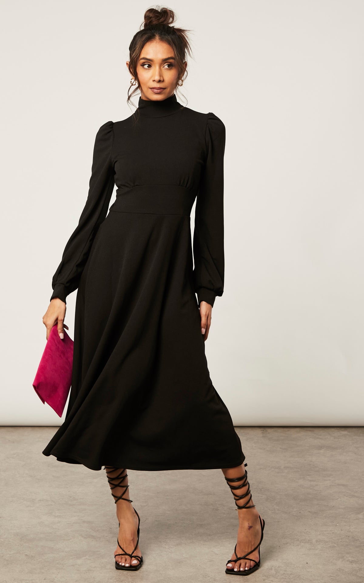 BLACK TURTLE NECK LONG SLEEVE SKATER MIDI DRESS WITH KEYHOLE