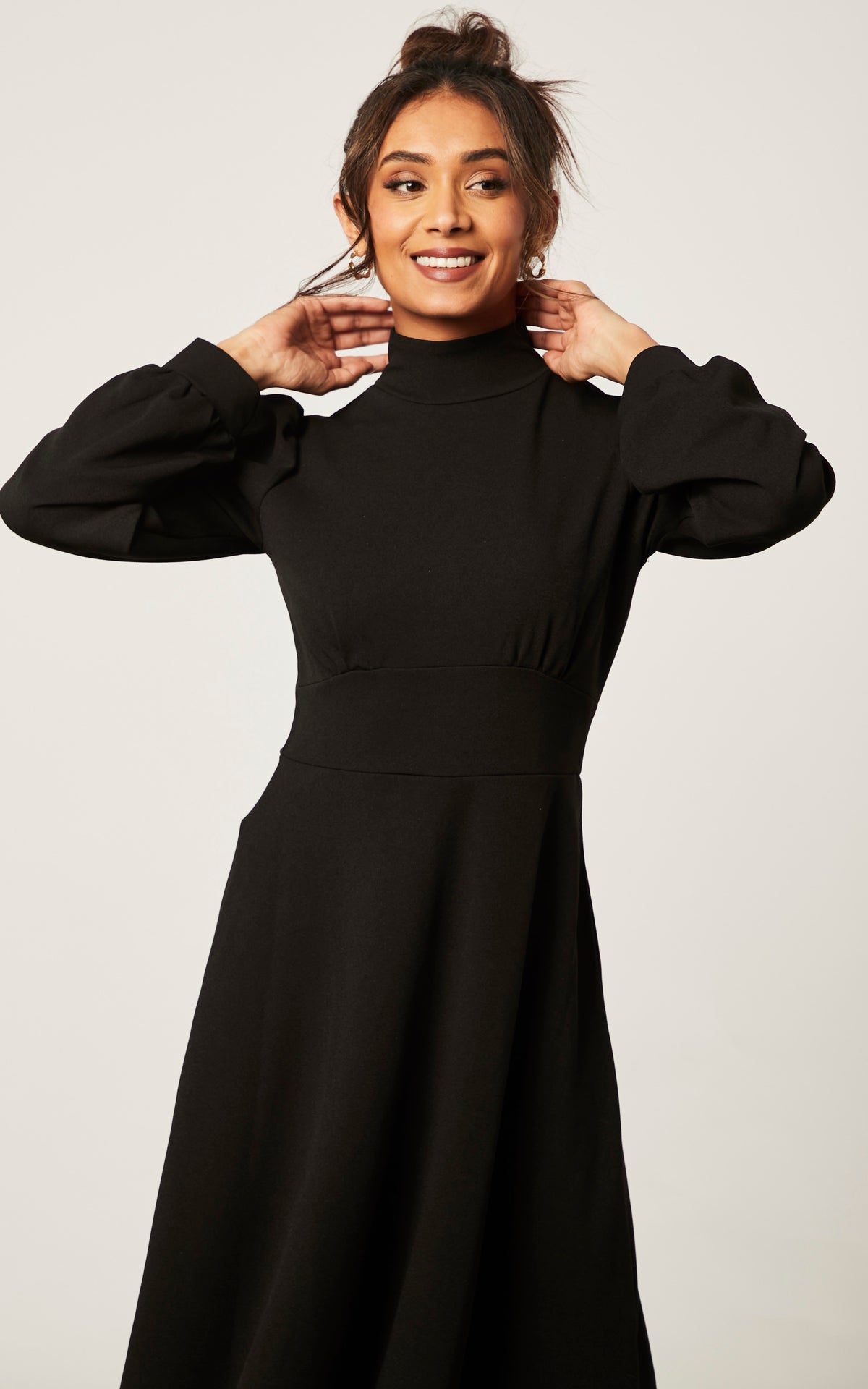 BLACK TURTLE NECK LONG SLEEVE SKATER MIDI DRESS WITH KEYHOLE
