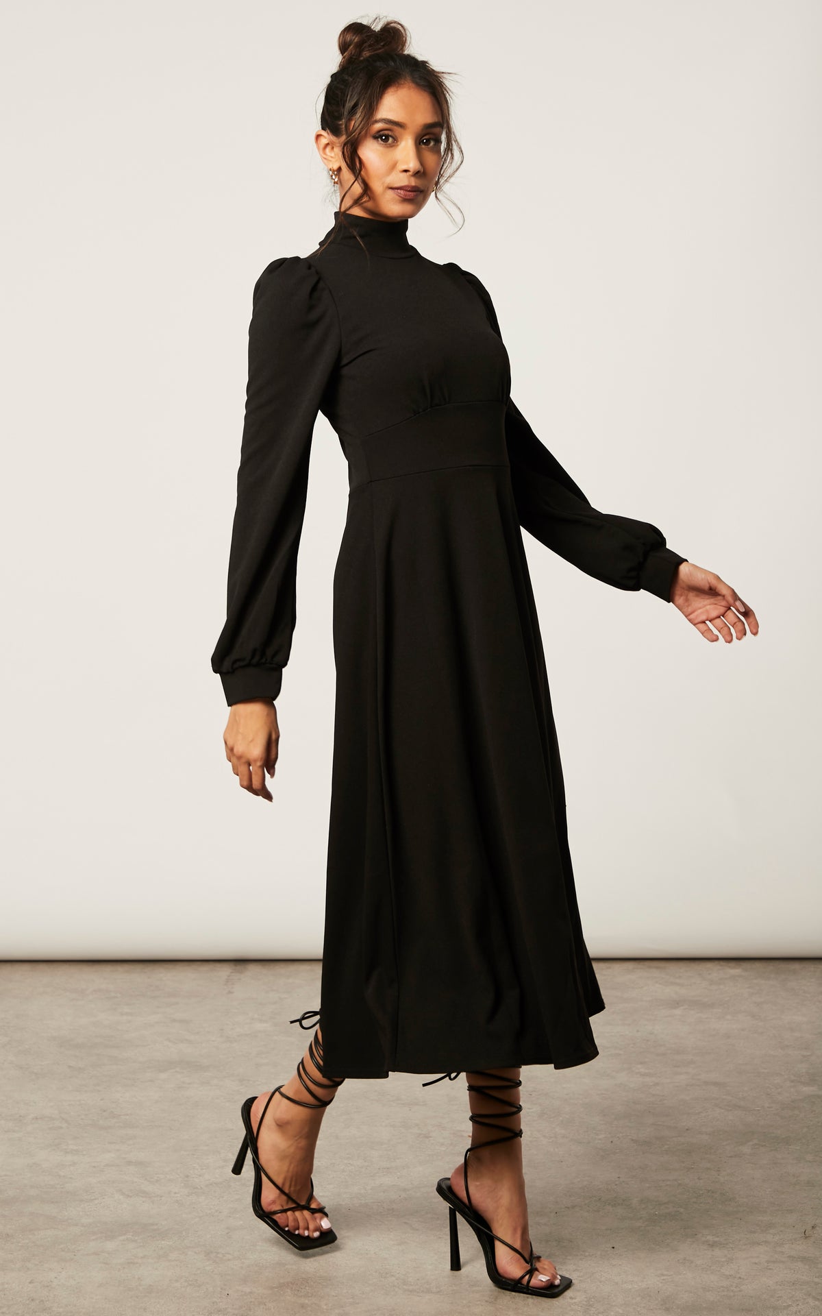BLACK TURTLE NECK LONG SLEEVE SKATER MIDI DRESS WITH KEYHOLE
