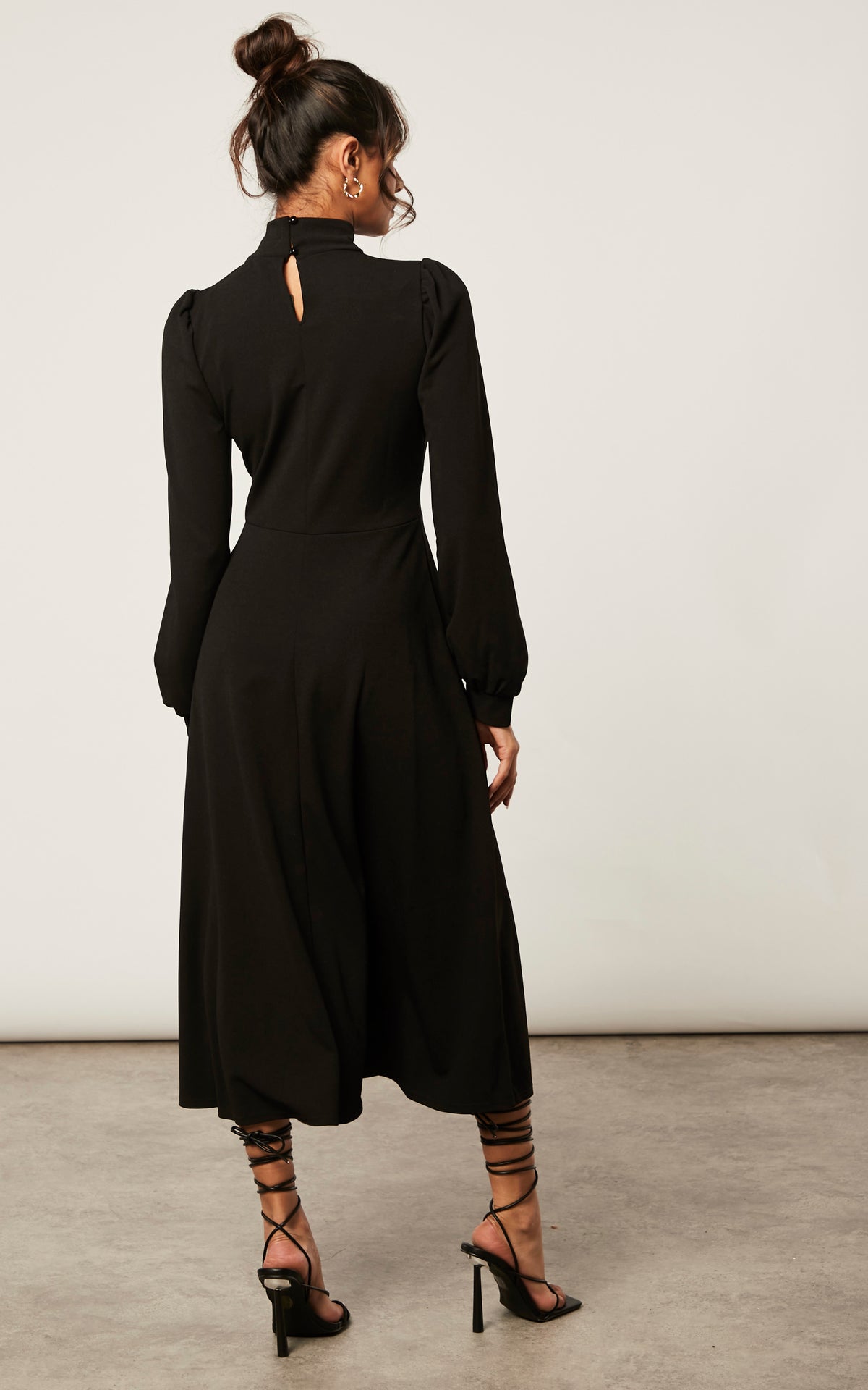 BLACK TURTLE NECK LONG SLEEVE SKATER MIDI DRESS WITH KEYHOLE