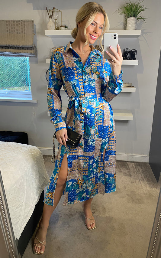 Shirt dress long sleeves and button through in patchwork print