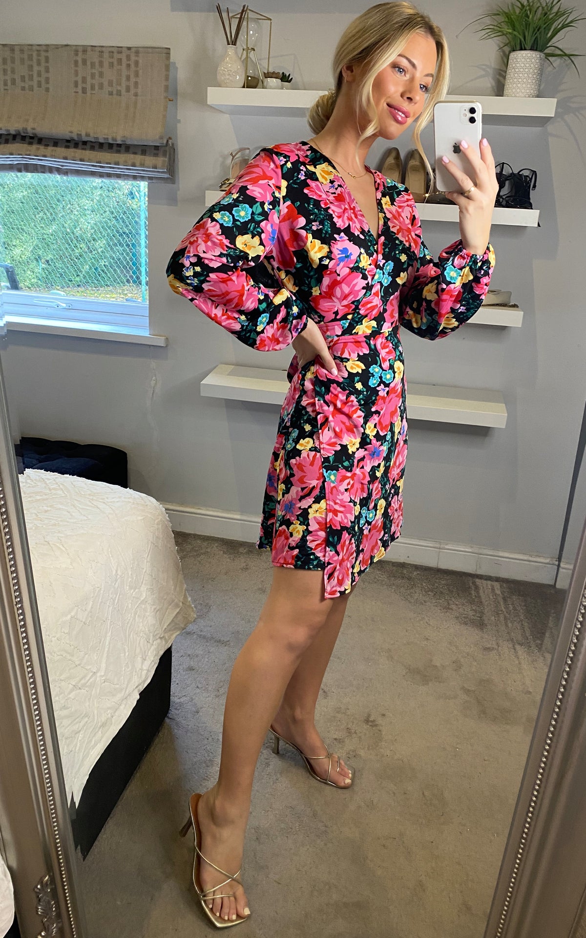Multicolour floral print long sleeves wrap dress