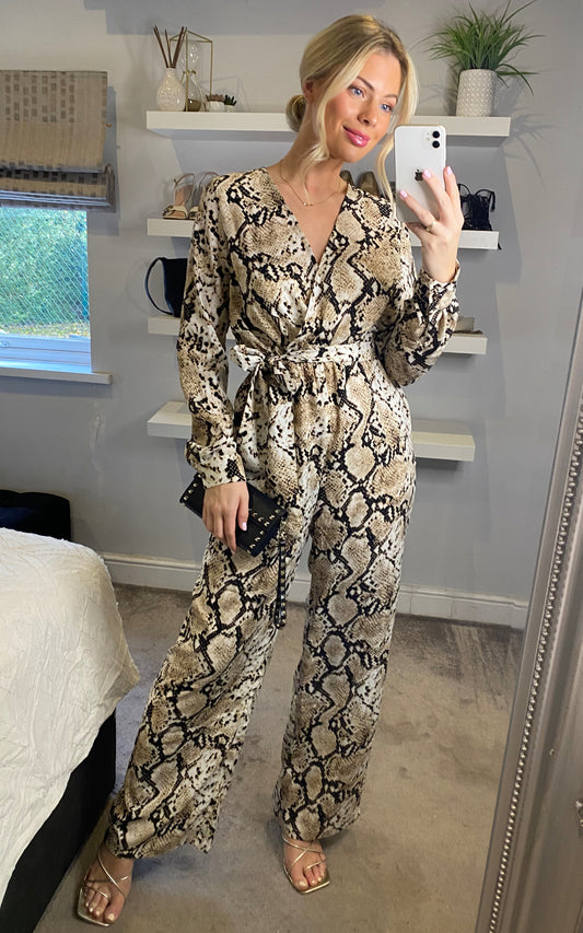 Python snakeskin print v-neck long sleeves jumpsuit