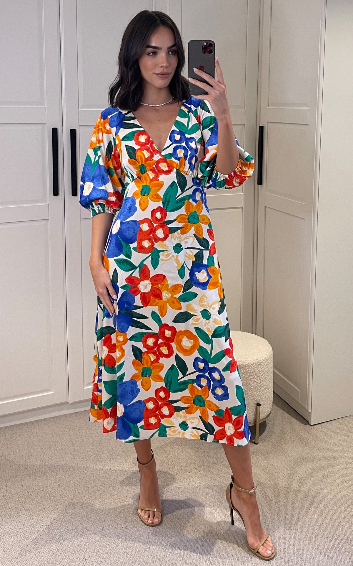 Floral Multicolour Midi V-Neck Quarter Length Sleeve Gloria Dress