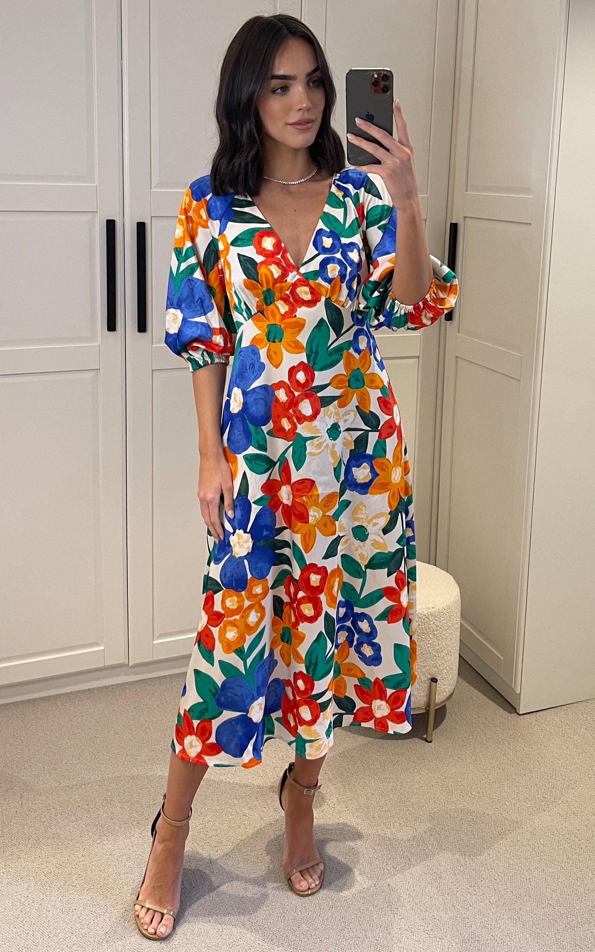 Floral Multicolour Midi V-Neck Quarter Length Sleeve Gloria Dress