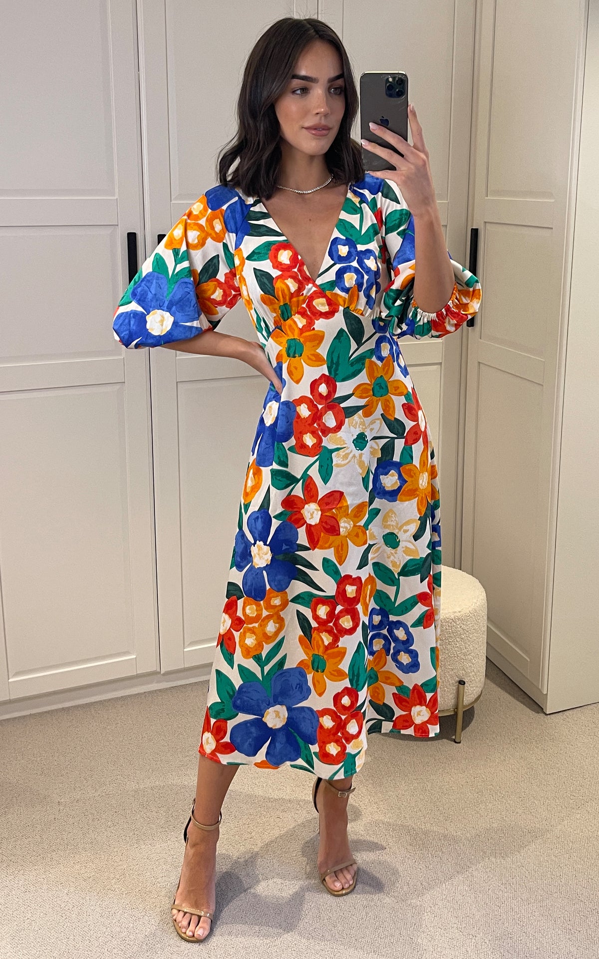 Floral Multicolour Midi V-Neck Quarter Length Sleeve Gloria Dress