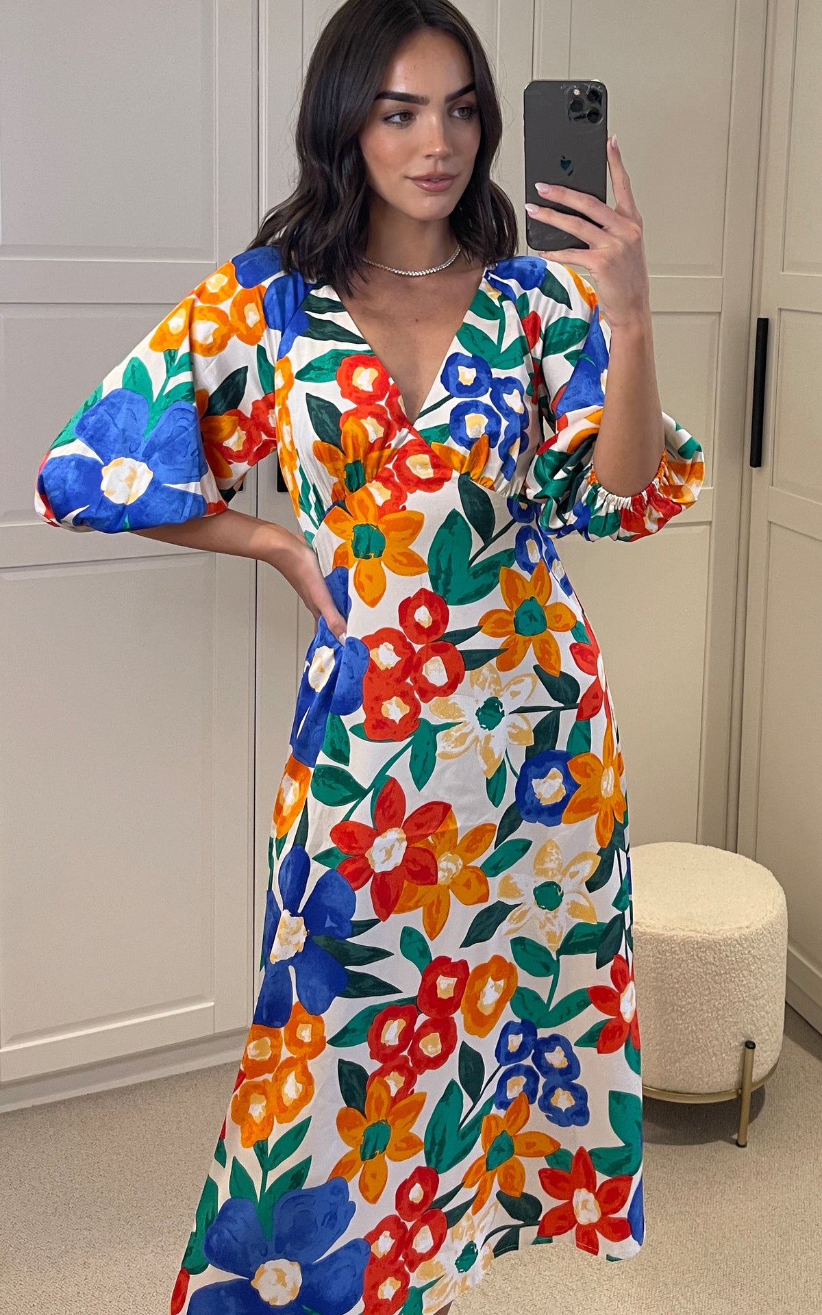Floral Multicolour Midi V-Neck Quarter Length Sleeve Gloria Dress
