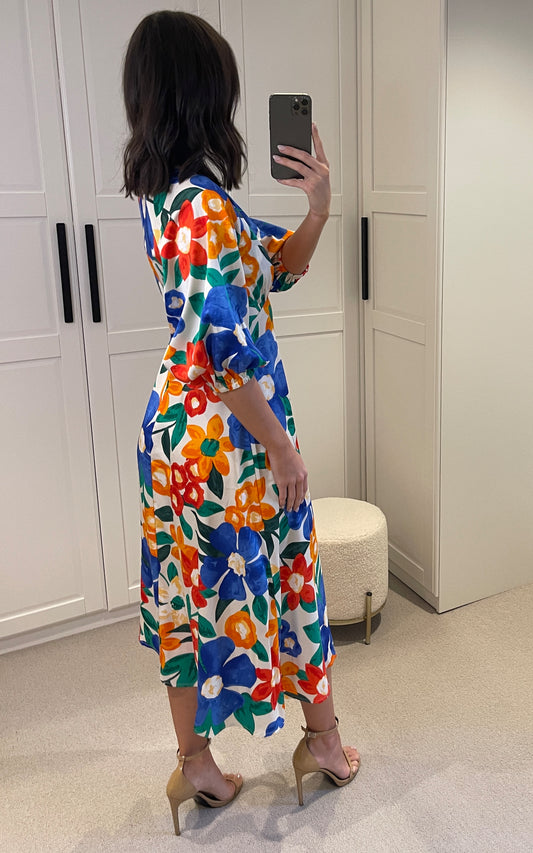 Floral Multicolour Midi V-Neck Quarter Length Sleeve Gloria Dress