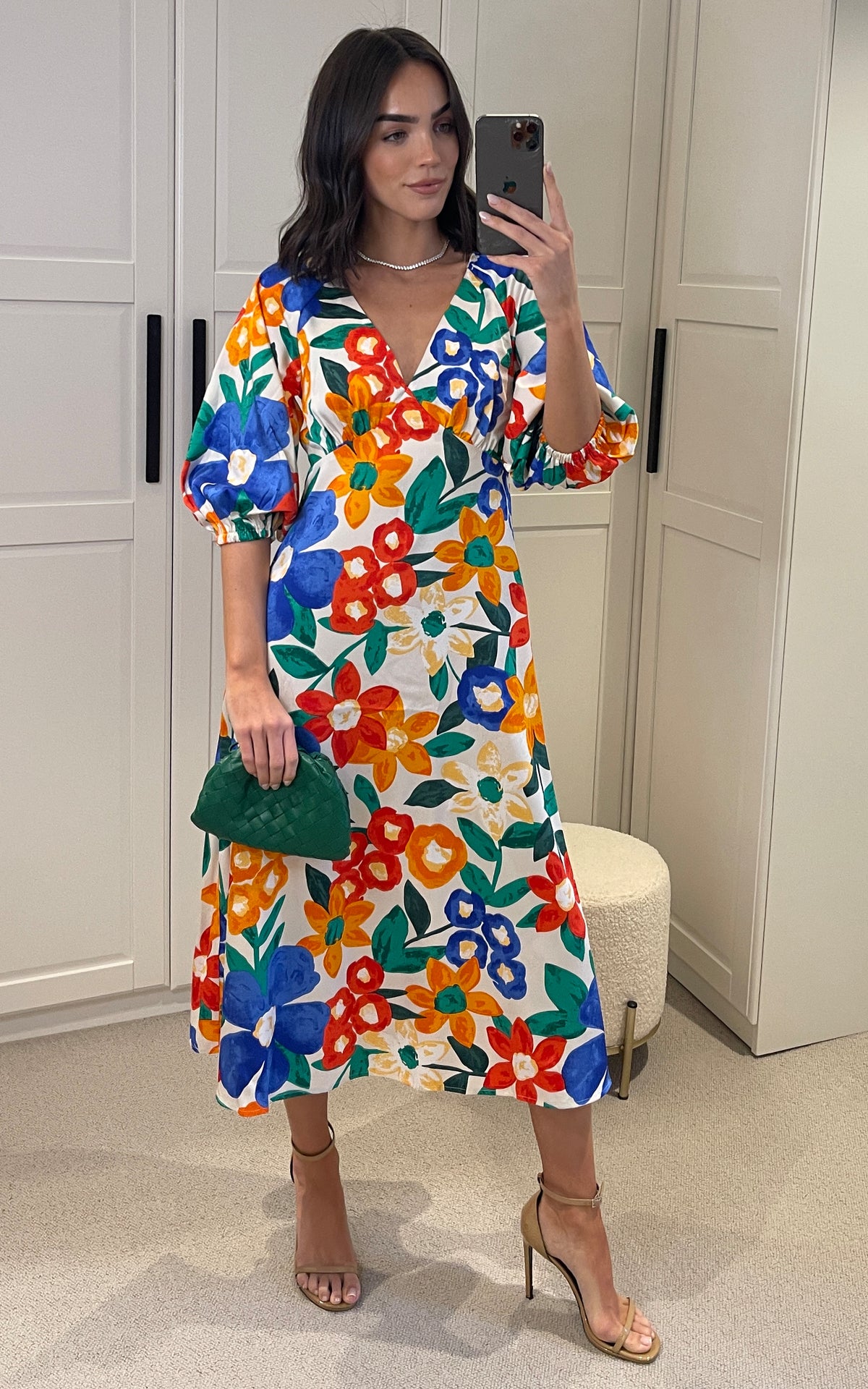 Floral Multicolour Midi V-Neck Quarter Length Sleeve Gloria Dress