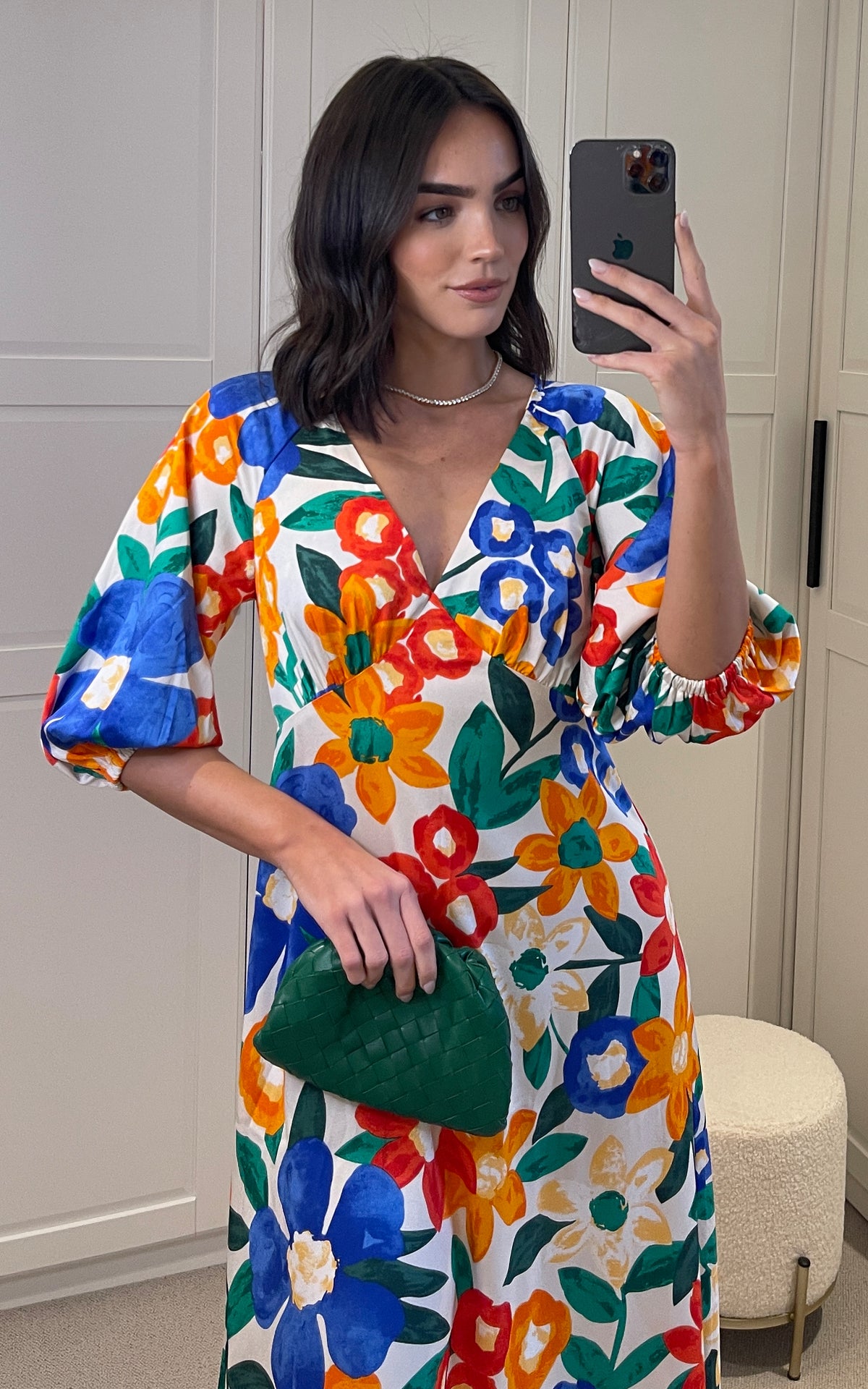 Floral Multicolour Midi V-Neck Quarter Length Sleeve Gloria Dress