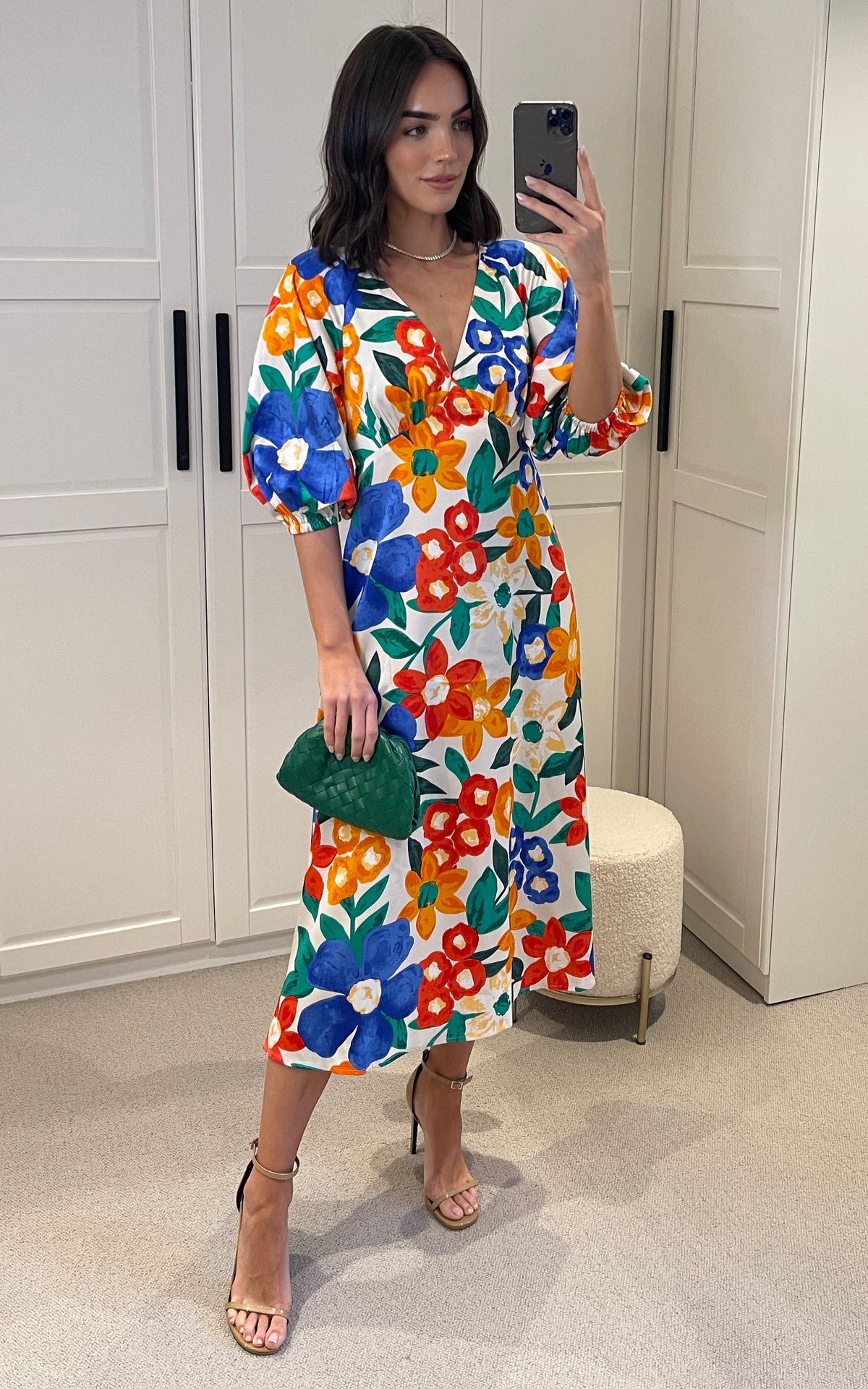 Floral Multicolour Midi V-Neck Quarter Length Sleeve Gloria Dress