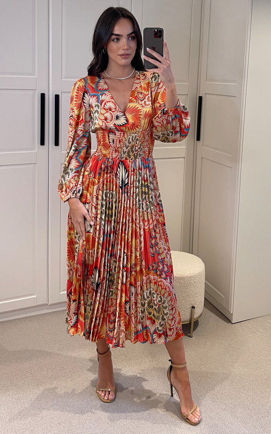 Paisley Aurora Long Sleeve shirred V-Neck pleated midi Dress in Red