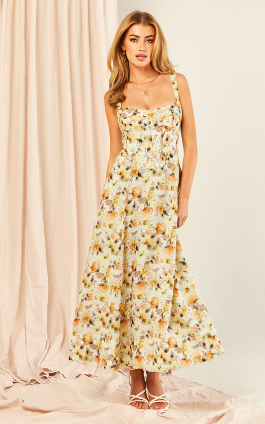 Midi Corset Dress in Yellow Floral Print