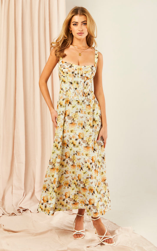 Midi Corset Dress in Yellow Floral Print