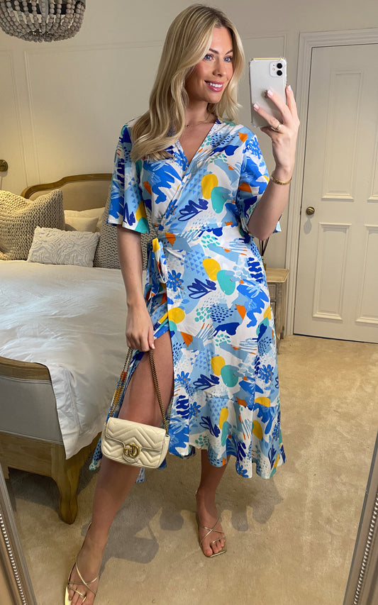 Midi wrap dress in multicolour blue floral print