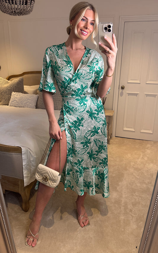 Floral print midi wrap dress in mint green