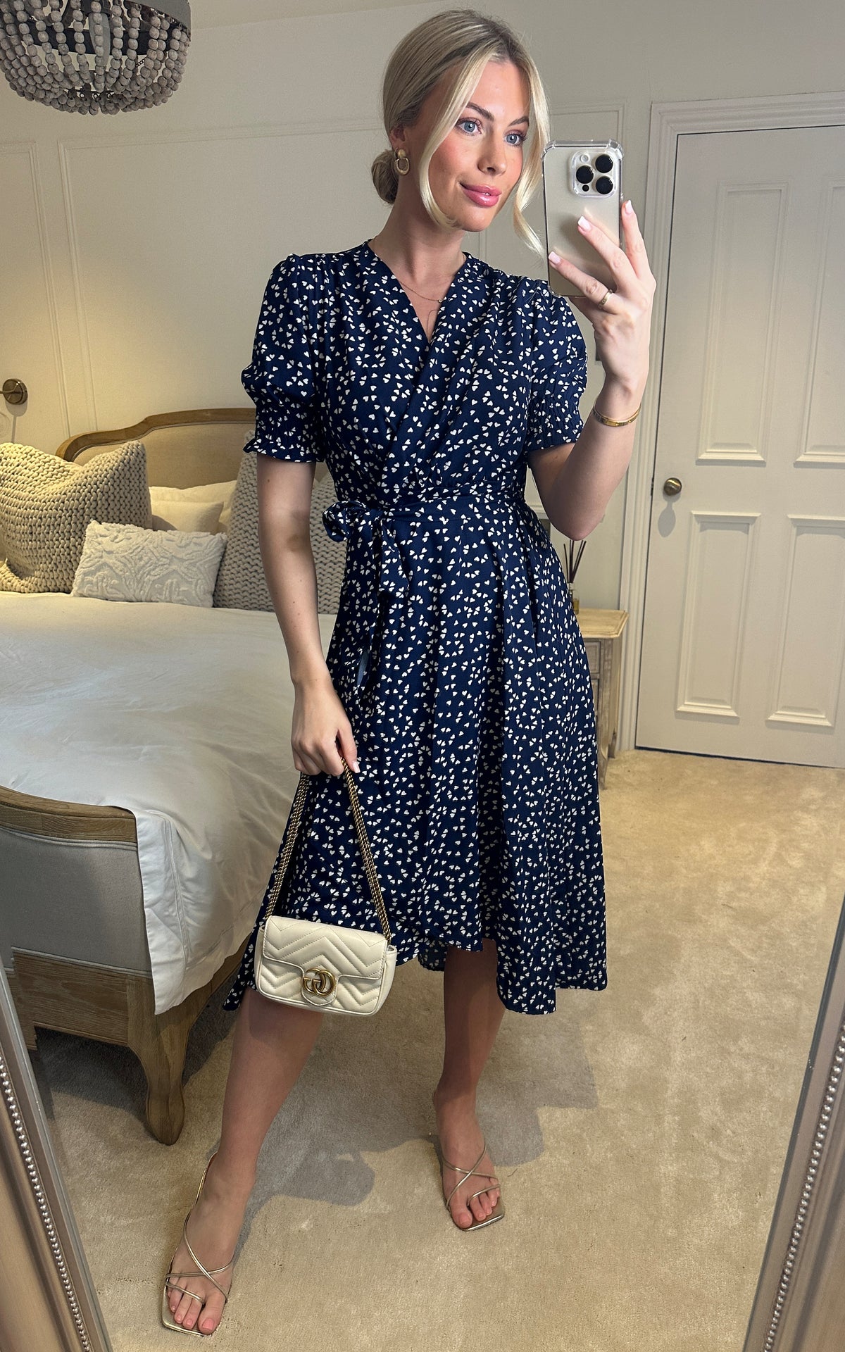 Blue heart print wrap midi dress