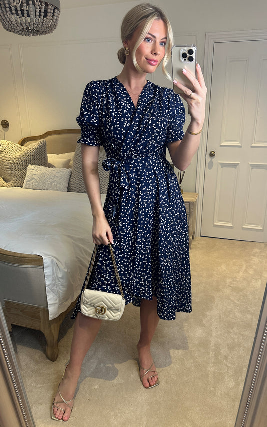 Blue heart print wrap midi dress