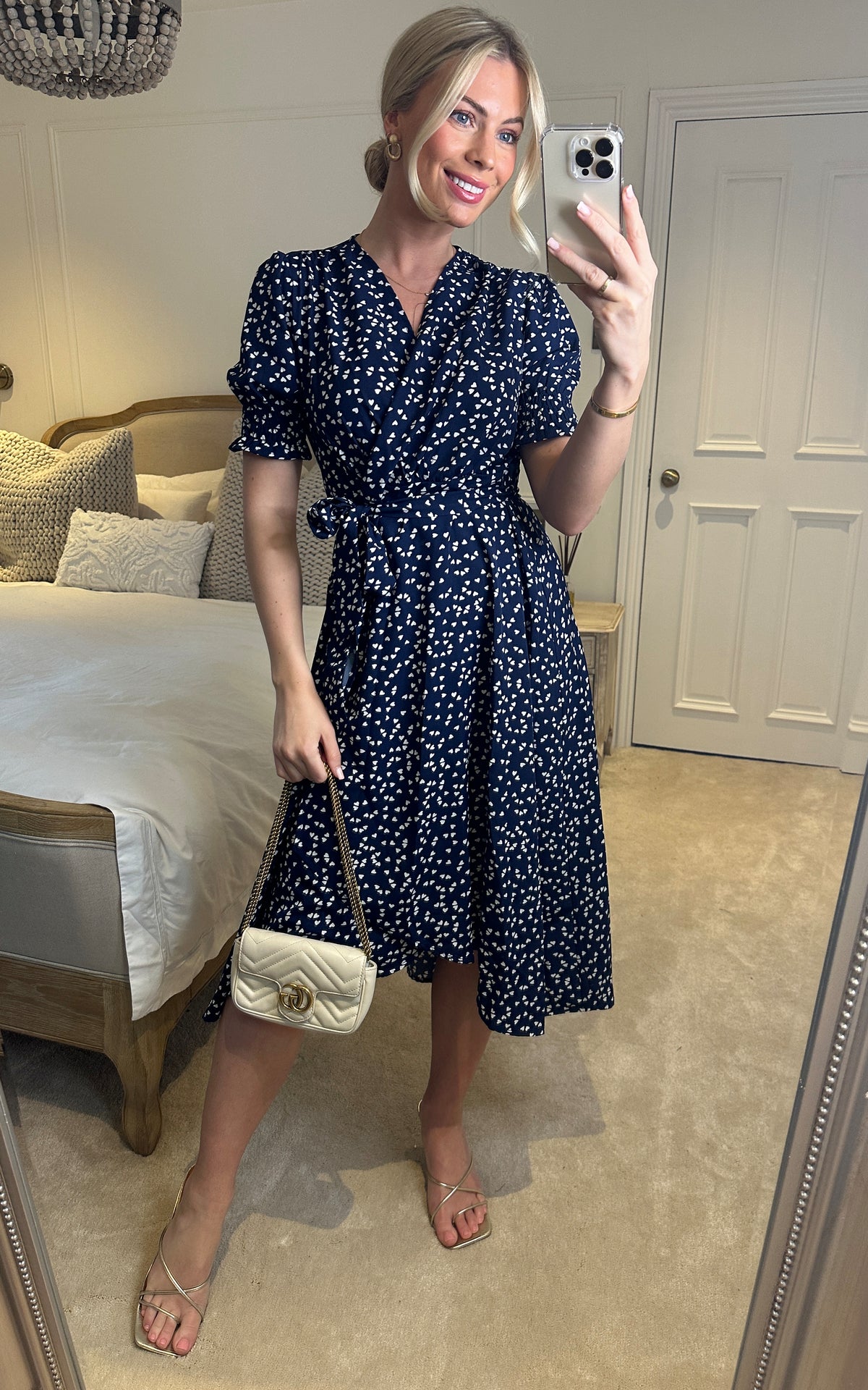Blue heart print wrap midi dress