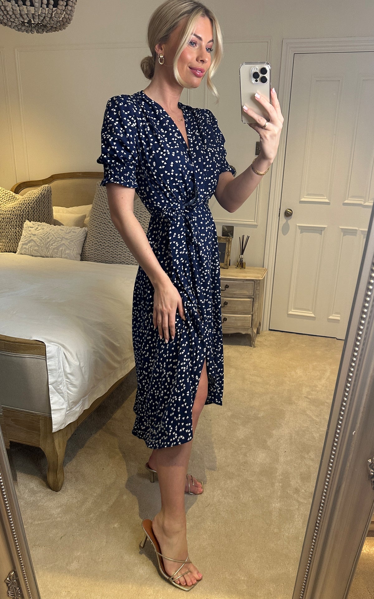 Blue heart print wrap midi dress