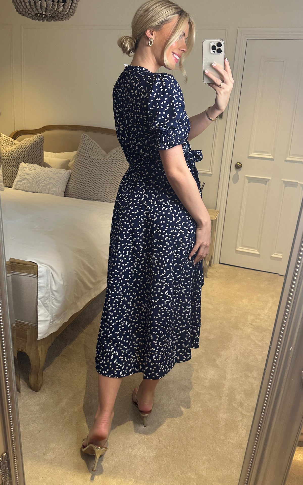 Blue heart print wrap midi dress