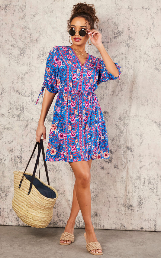 Purple Pink Peach Floral Printed Skater Dress In Blue