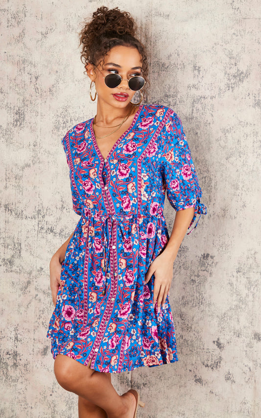 Purple Pink Peach Floral Printed Skater Dress In Blue