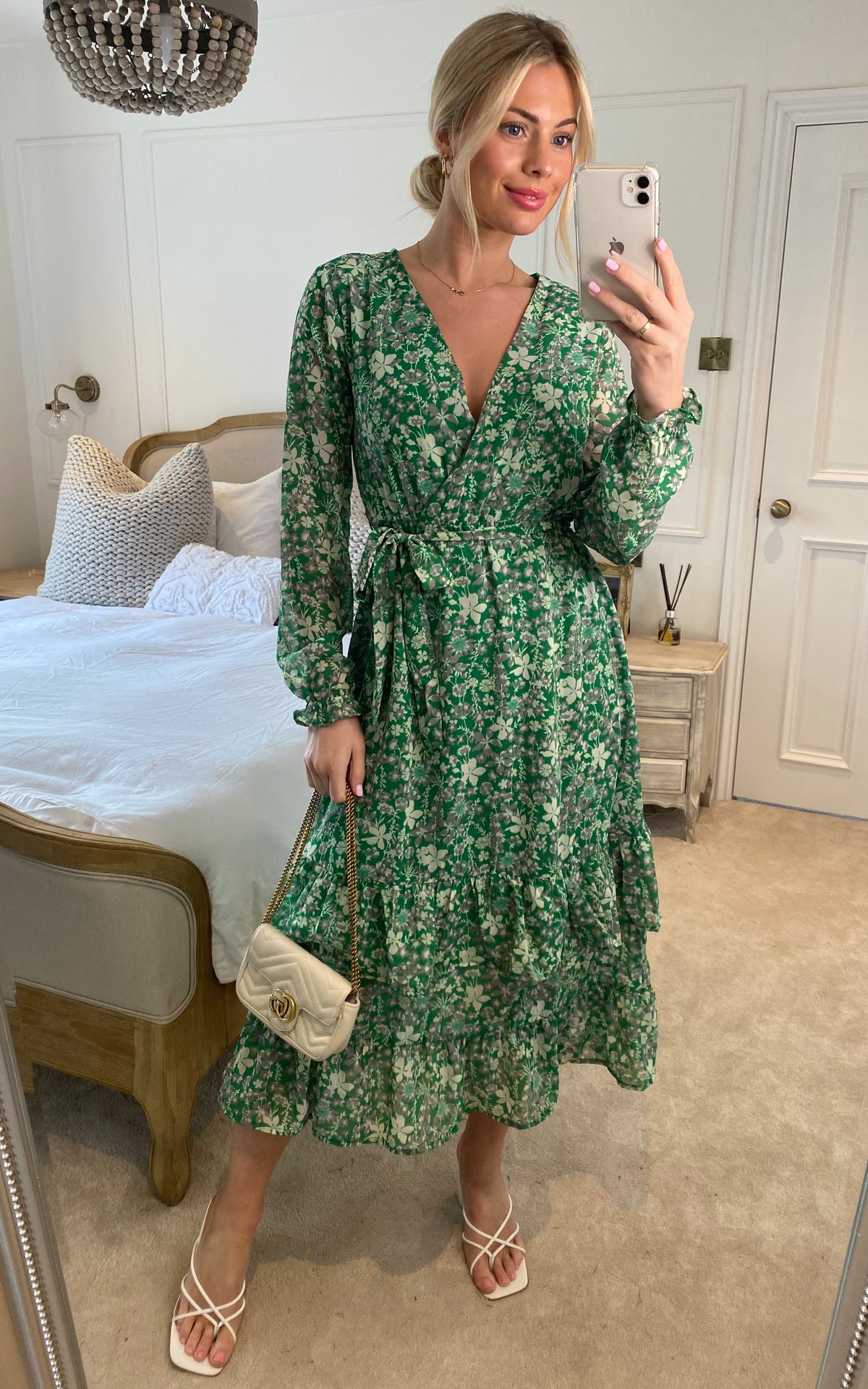Floral Wrap Long Sleeve Tiered Midi Dress In Green