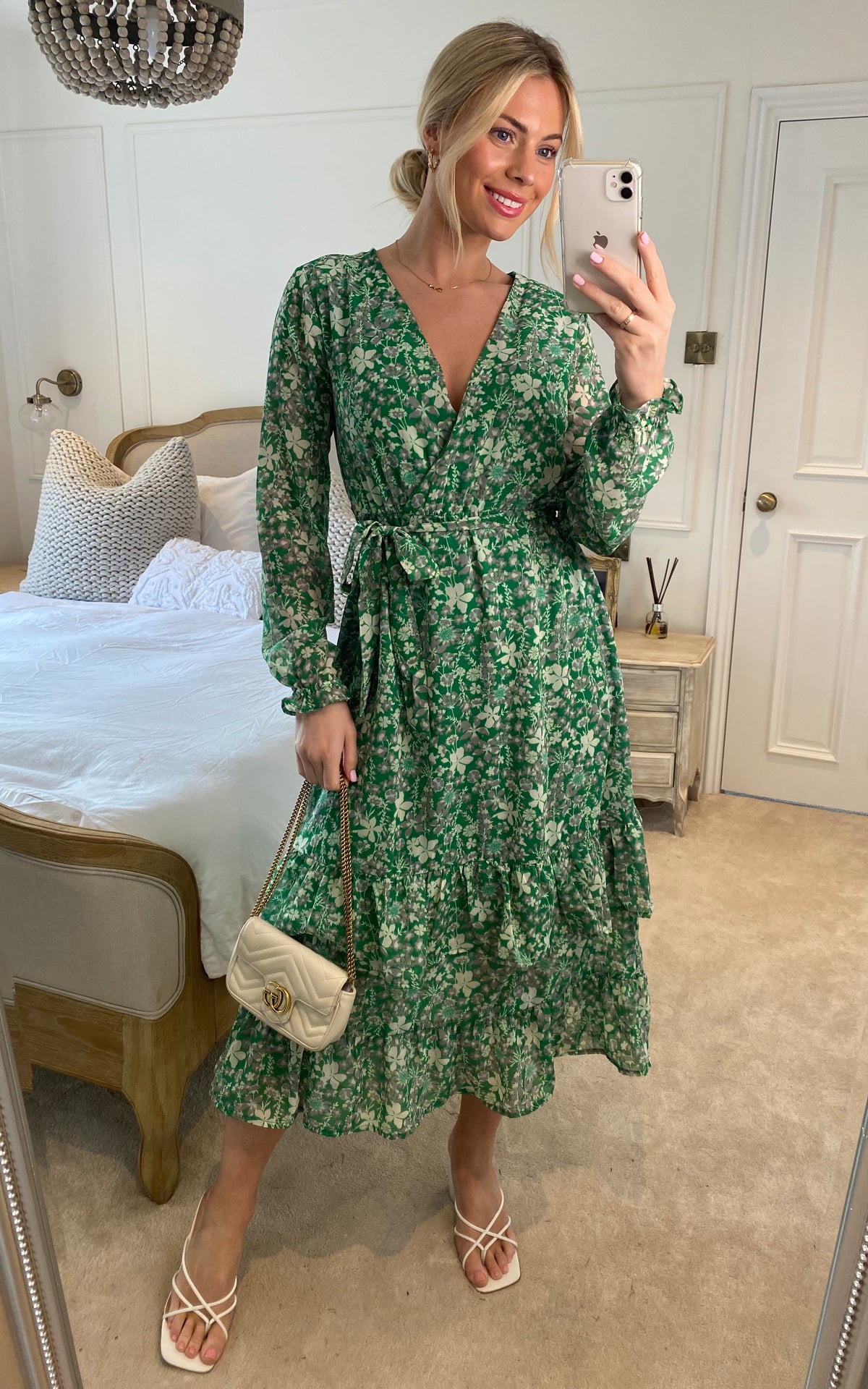 Floral Wrap Long Sleeve Tiered Midi Dress In Green