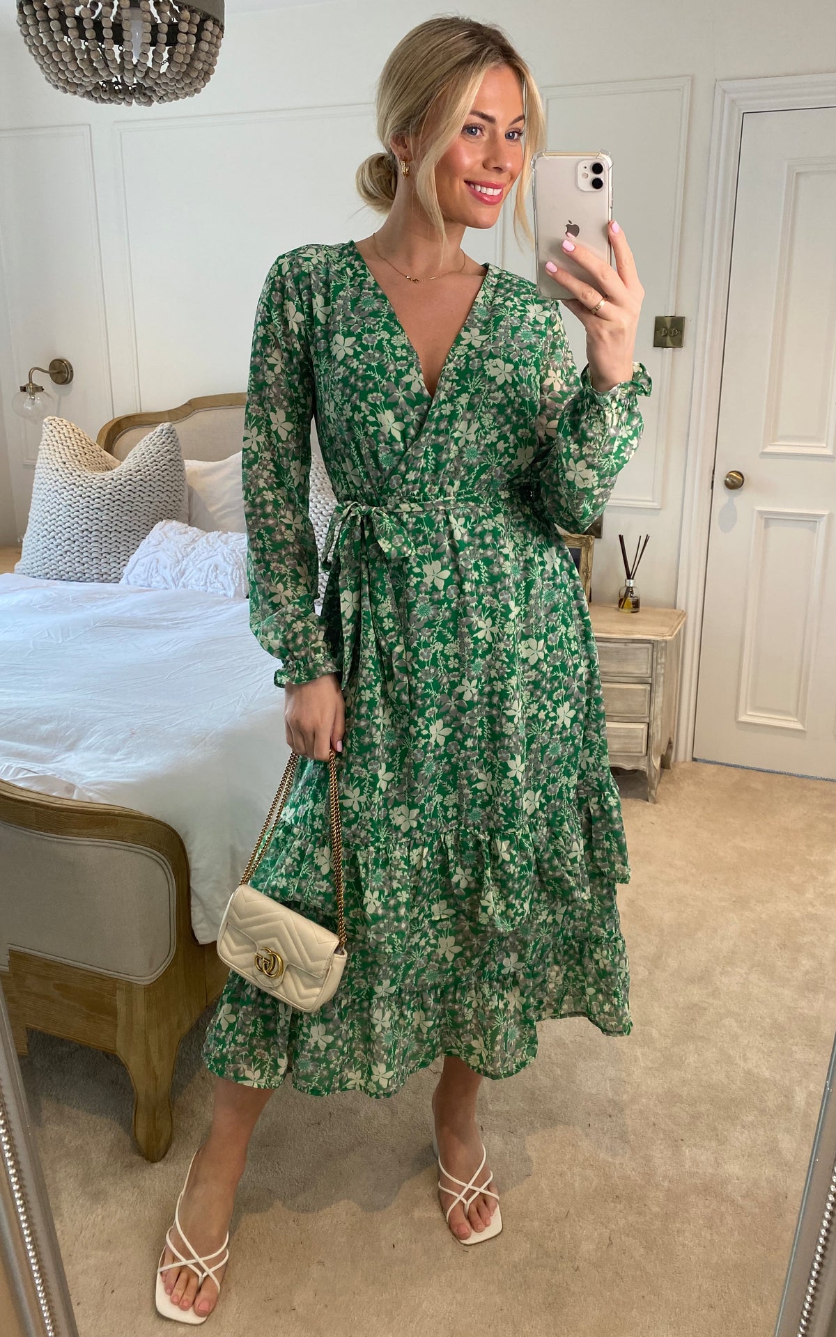 Floral Wrap Long Sleeve Tiered Midi Dress In Green