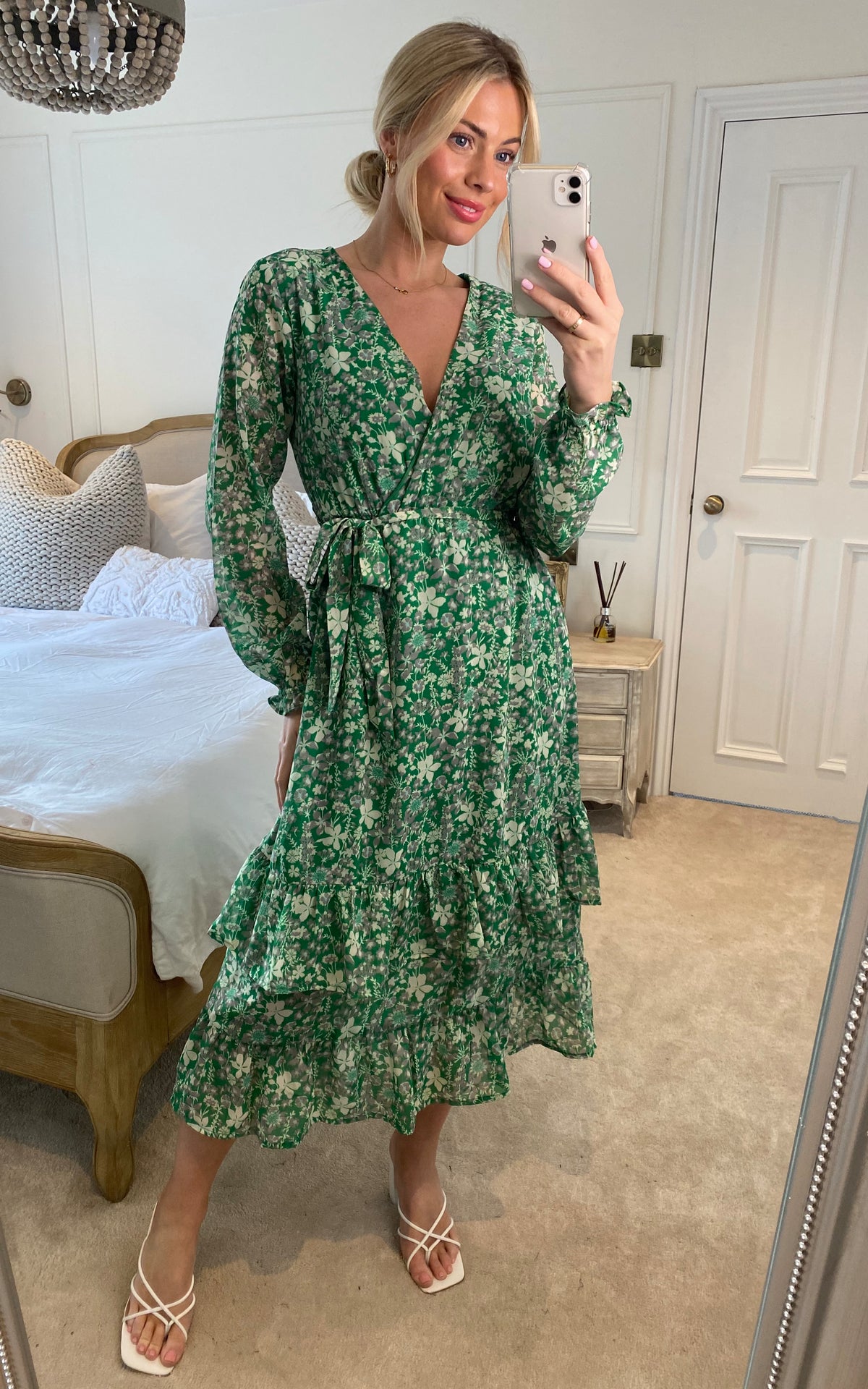 Floral Wrap Long Sleeve Tiered Midi Dress In Green