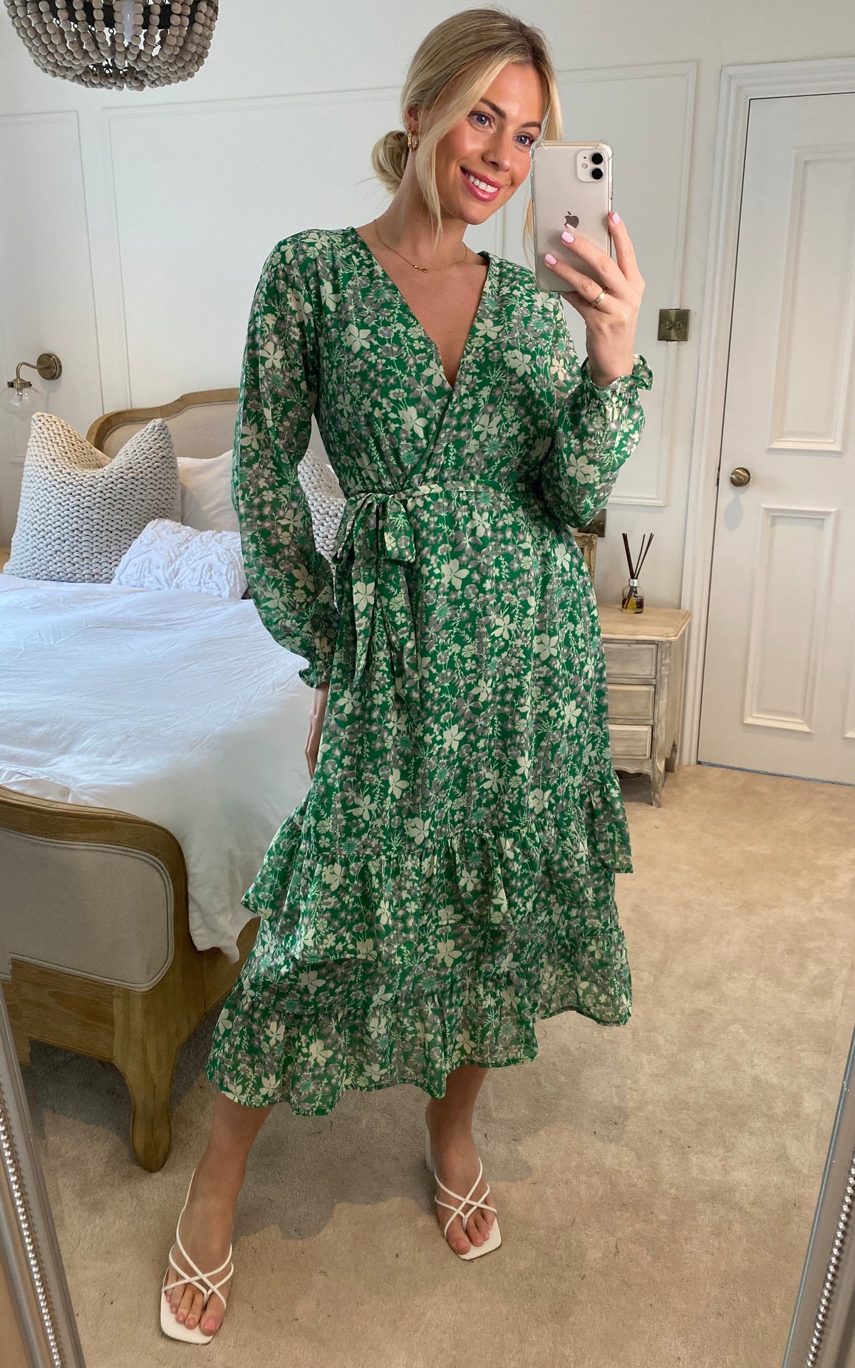 Floral Wrap Long Sleeve Tiered Midi Dress In Green