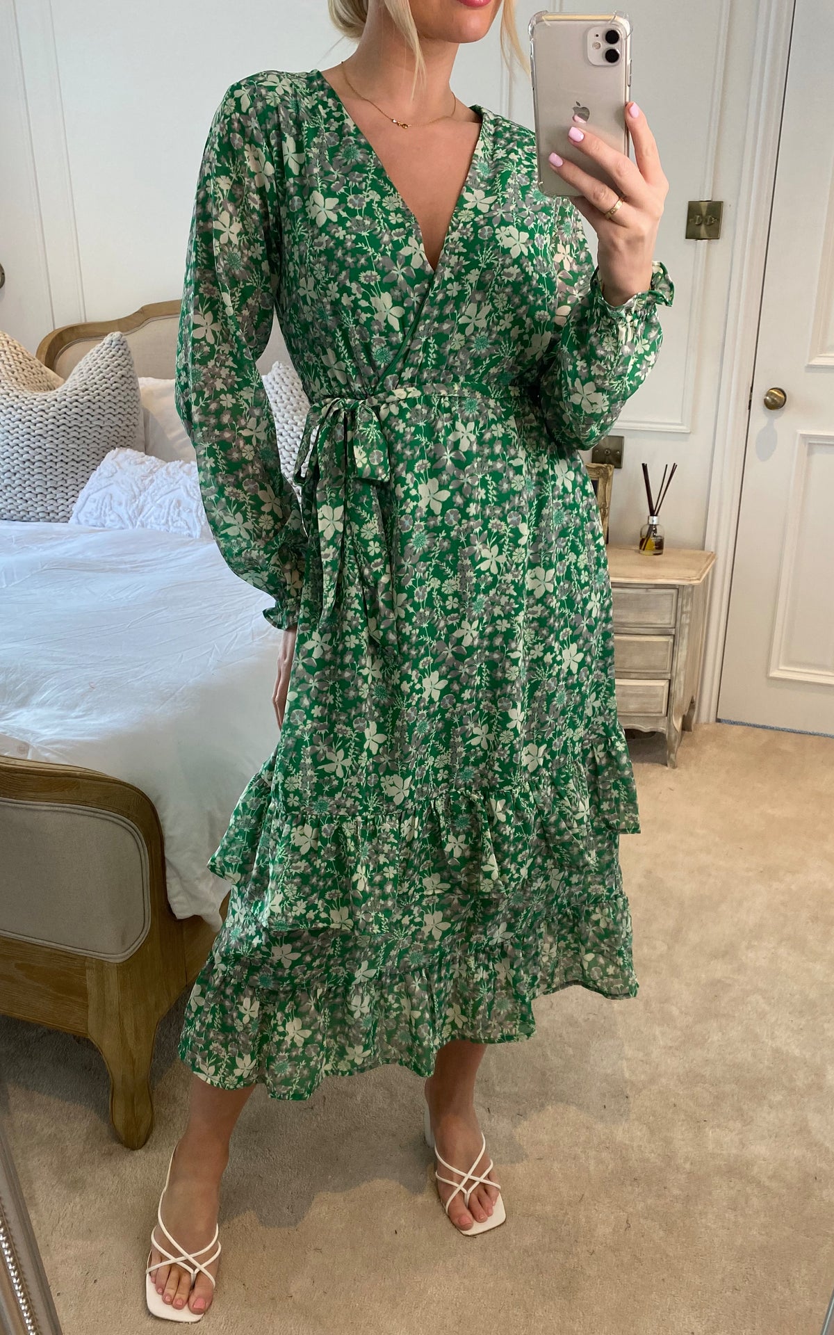 Floral Wrap Long Sleeve Tiered Midi Dress In Green