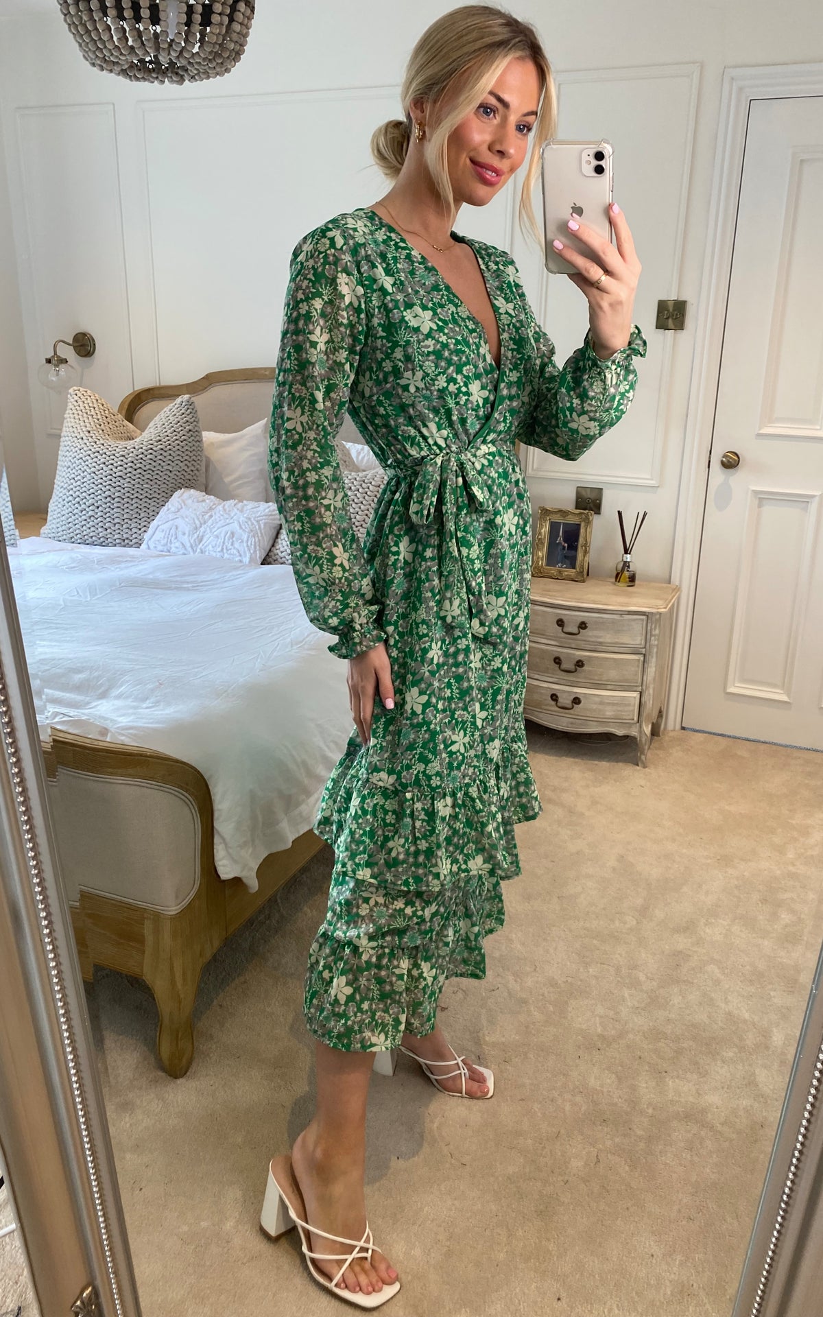 Floral Wrap Long Sleeve Tiered Midi Dress In Green