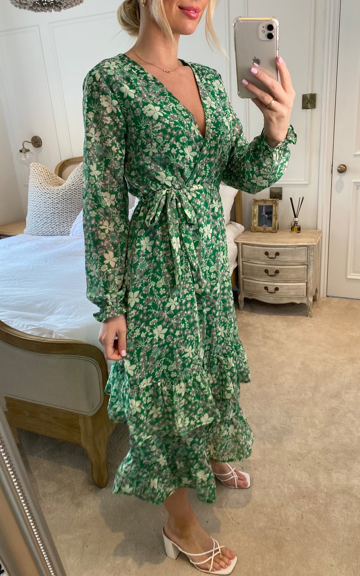 Floral Wrap Long Sleeve Tiered Midi Dress In Green