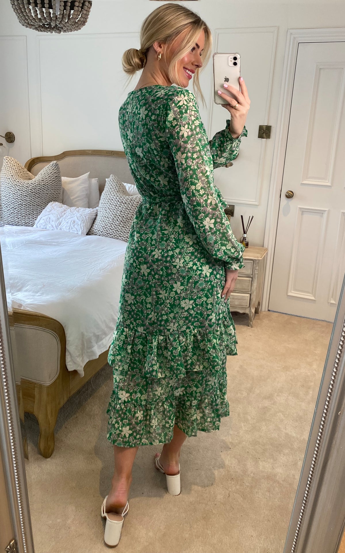 Floral Wrap Long Sleeve Tiered Midi Dress In Green