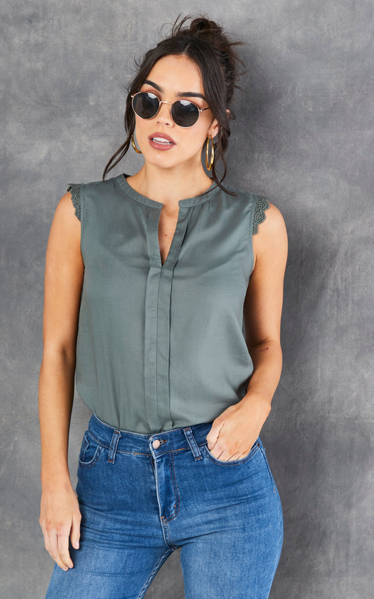 Sleeveless Blouse with V Neck in Khaki