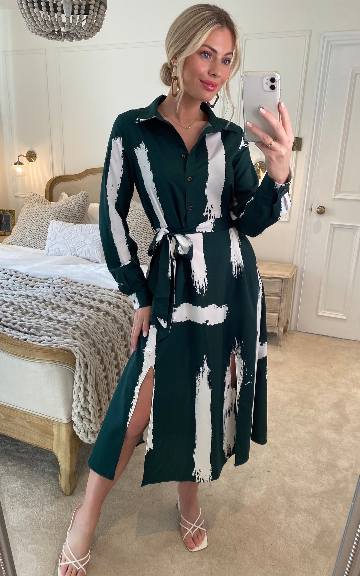Long sleeve midi shirt dress in forest green abstract print