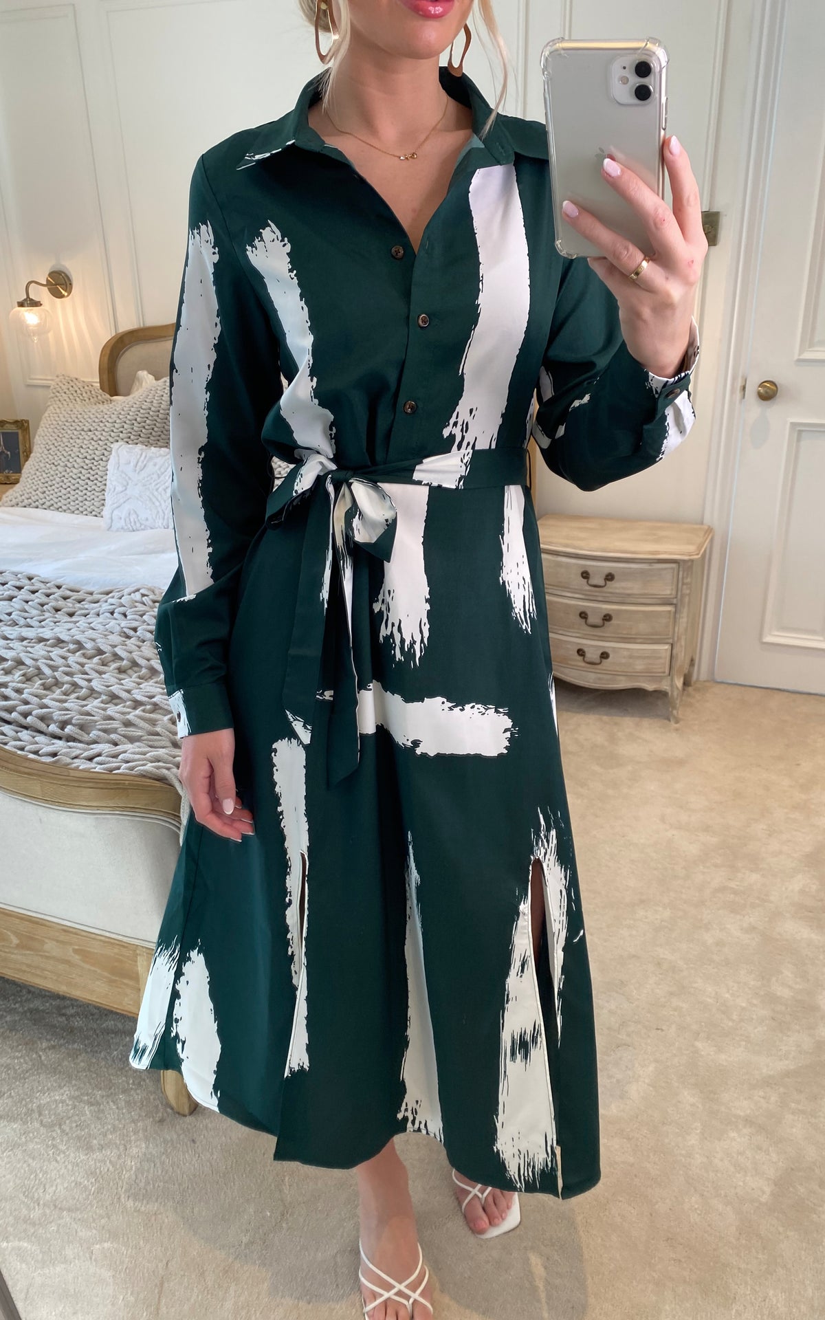 Long sleeve midi shirt dress in forest green abstract print