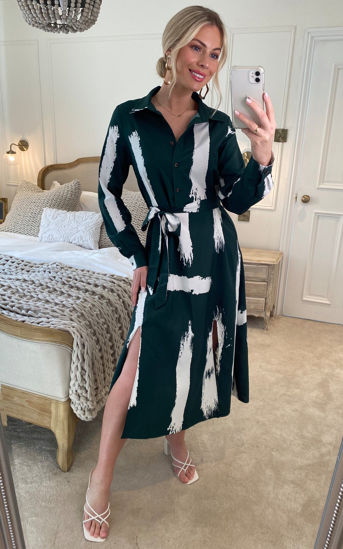 Long sleeve midi shirt dress in forest green abstract print